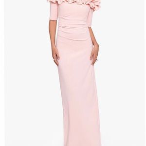 Xscape ruffled off-the-shoulder short sleeve crepe sheath gown